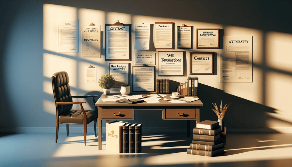 Lawyers office with different practice areas hanging on wall.
