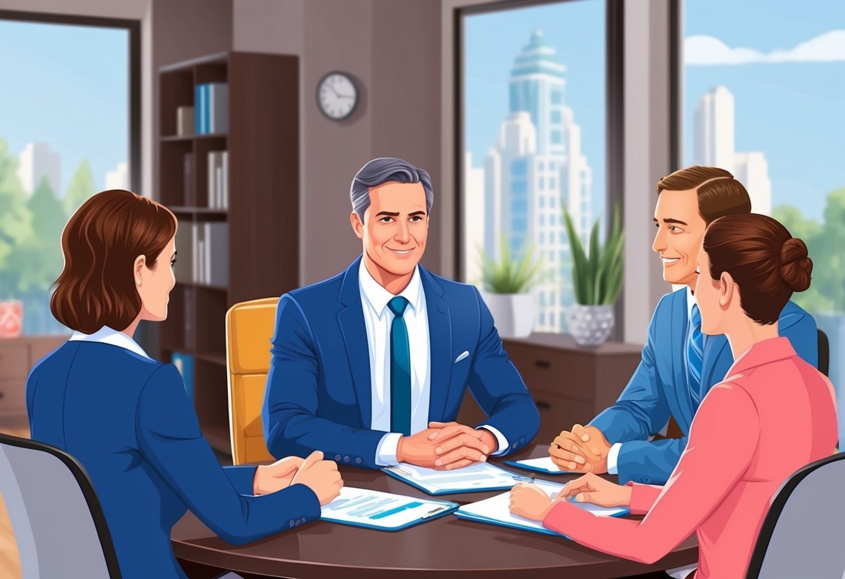 A family law attorney meeting with clients in a modern office setting