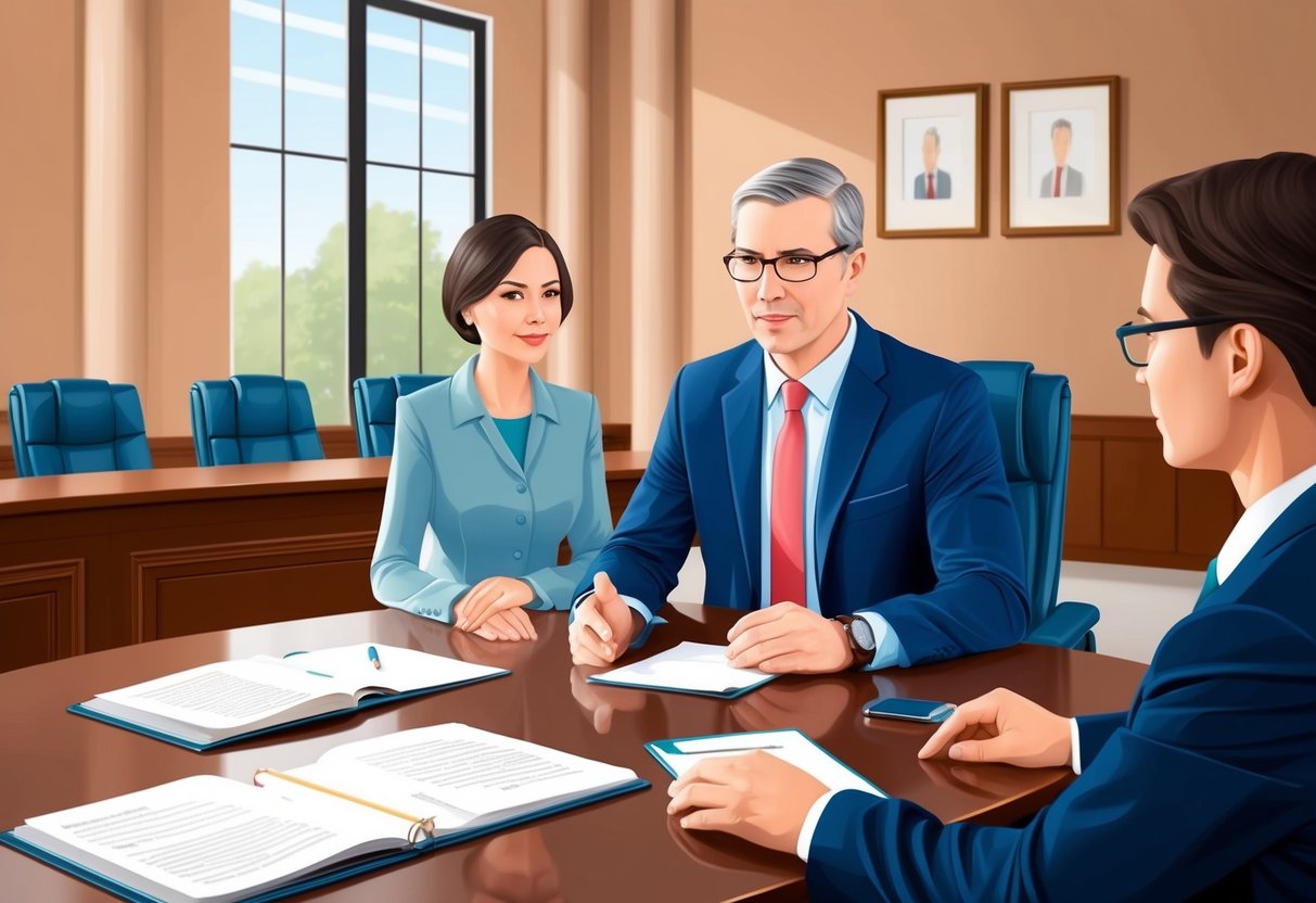 A family law attorney consults with a client in a courthouse conference room, discussing legal representation in family court