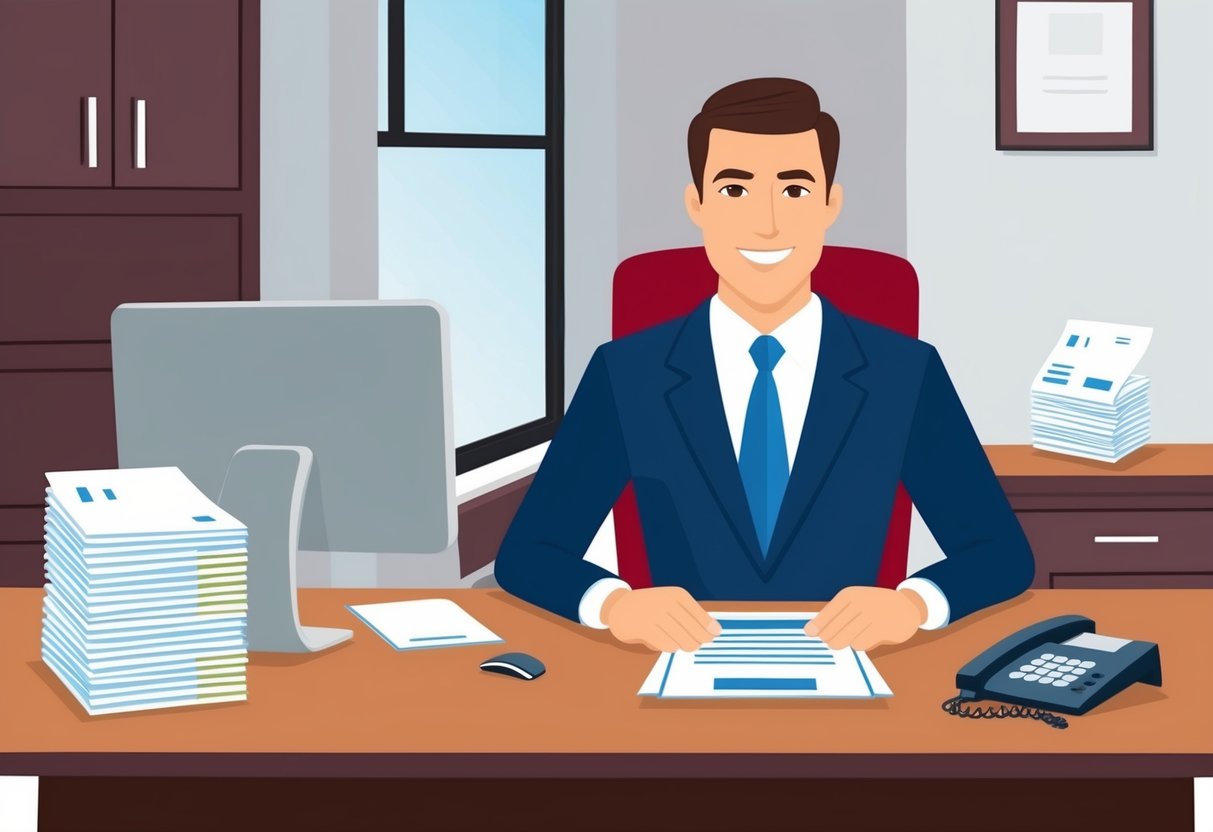 A family law attorney sitting at a desk with a stack of legal documents, a computer, and a phone, ready to offer services