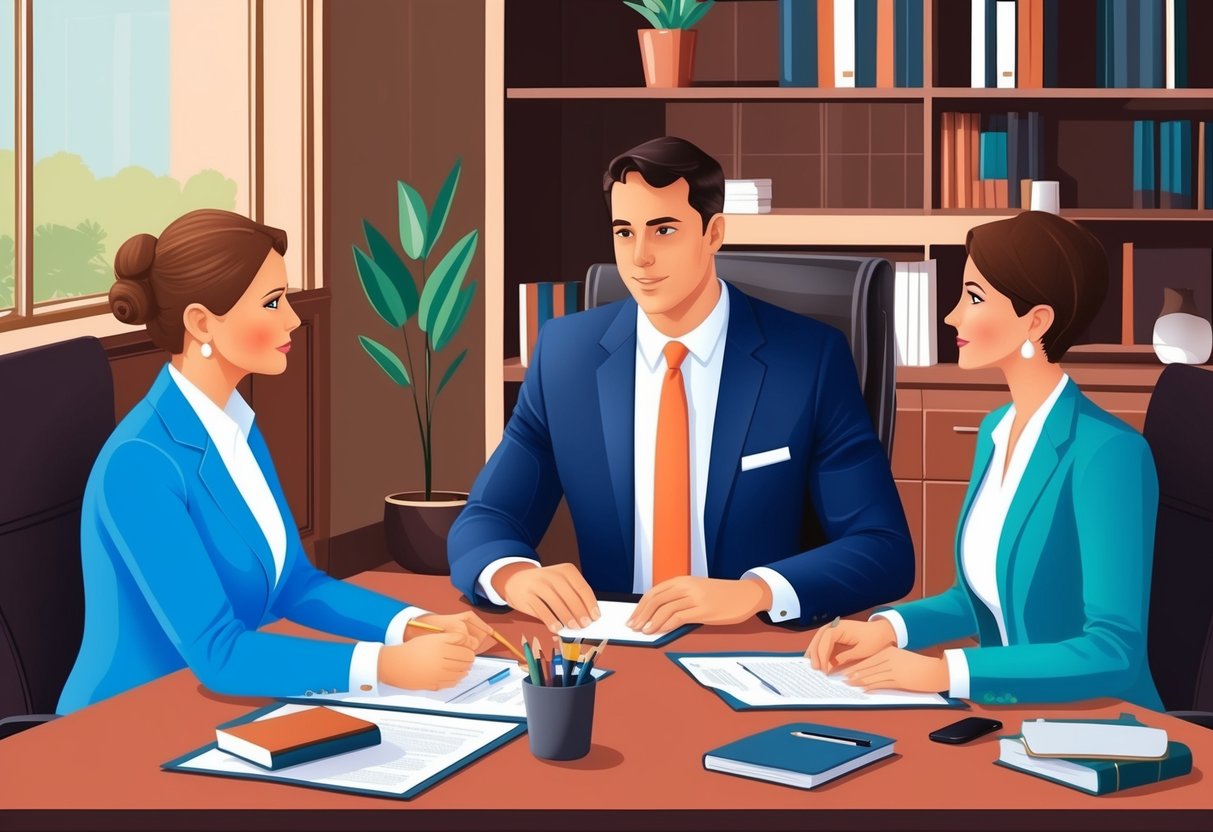 A family lawyer consulting with clients in an office, discussing estate planning and legal matters