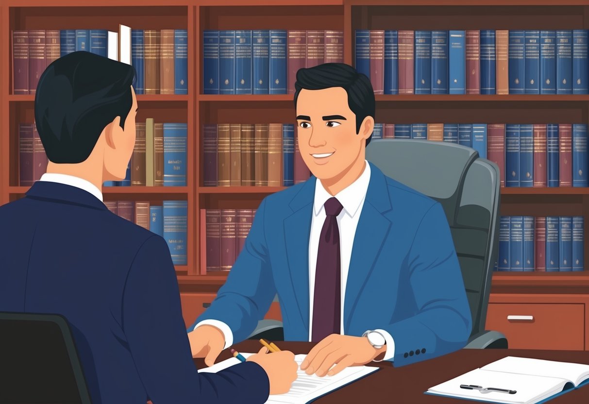 A family attorney sitting at a desk, speaking with a client. A bookshelf filled with legal books in the background