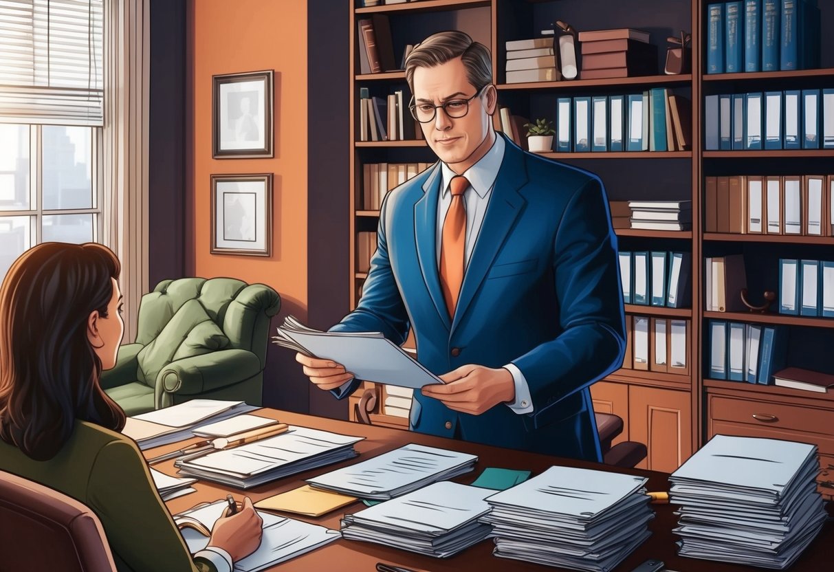 A family defense lawyer reviewing case files and speaking with clients in a cluttered office