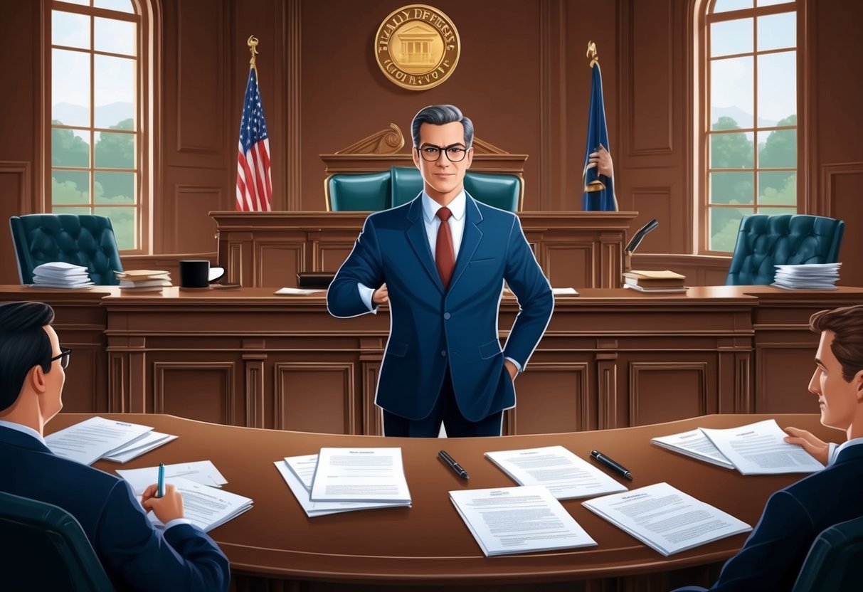 A family defense lawyer standing confidently in a courtroom, surrounded by legal documents and a judge's bench