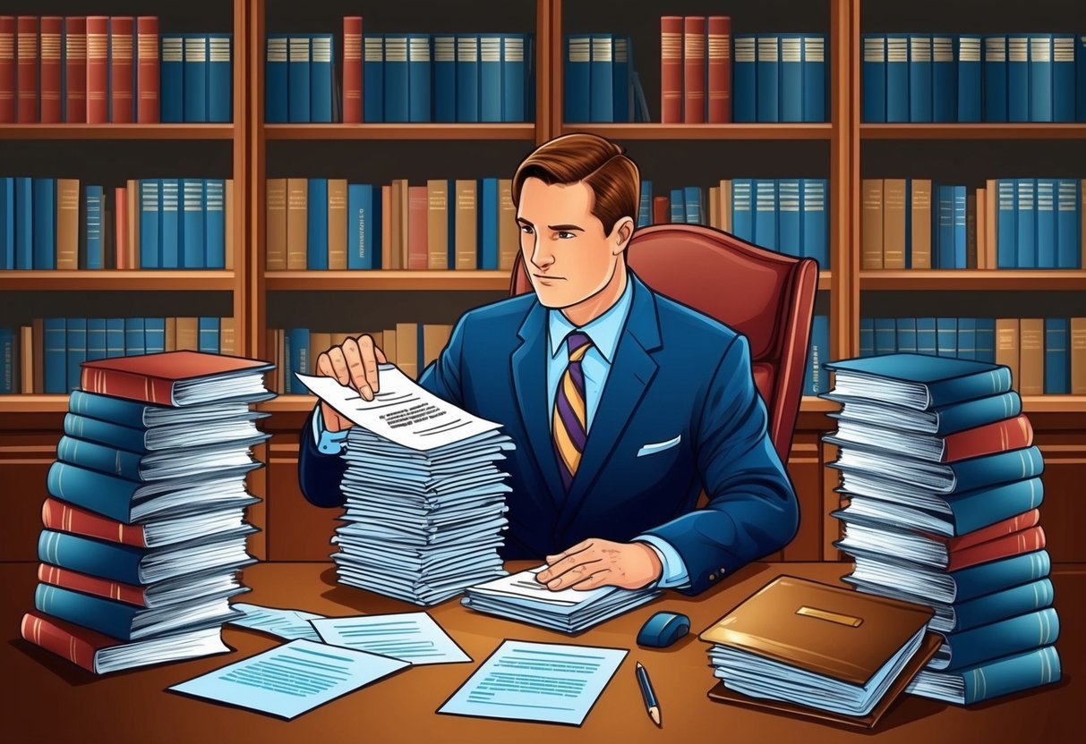A family defense lawyer studying a stack of legal documents, surrounded by shelves of law books and a desk cluttered with case files