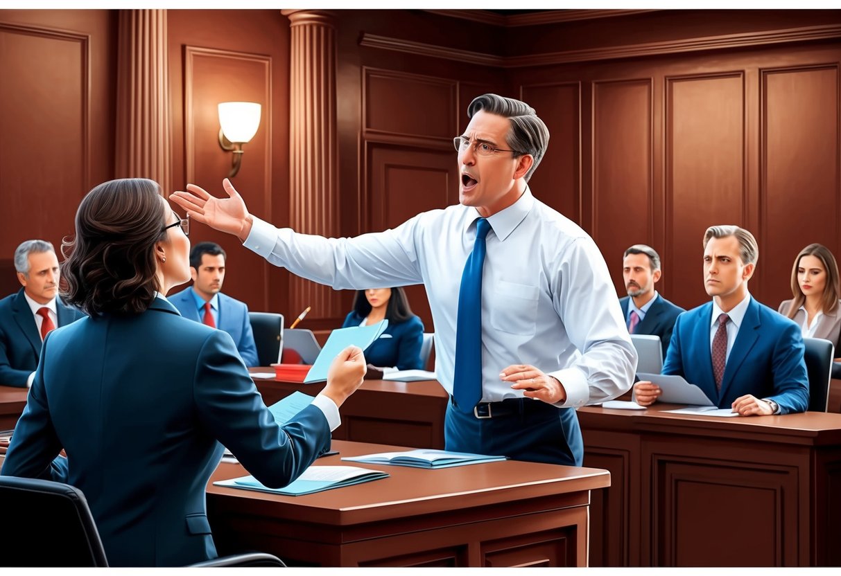 A family defense lawyer passionately advocates for their client in a courtroom, presenting evidence and passionately defending their case