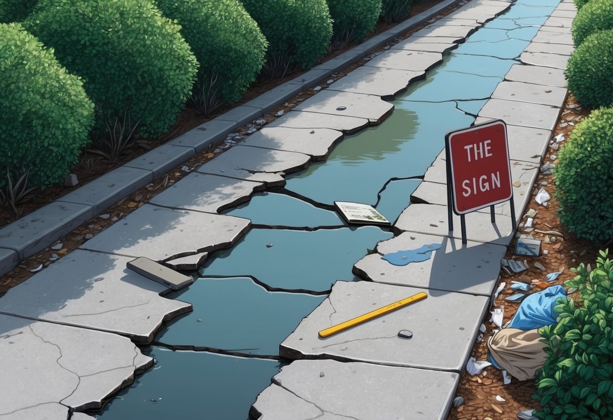 A cracked sidewalk with a fallen sign and a puddle of water, surrounded by overgrown bushes and litter