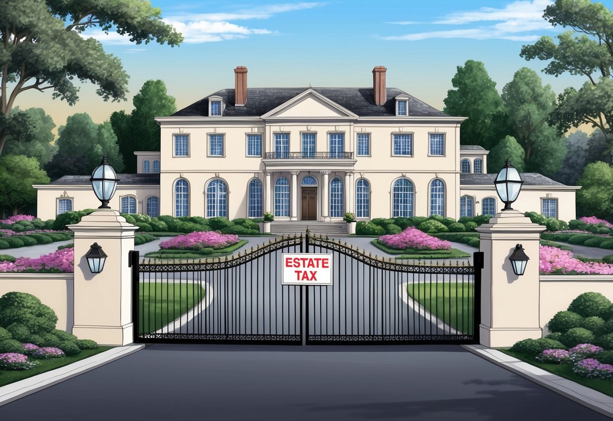 A large, elegant mansion surrounded by sprawling gardens and a gated entrance, with a sign reading Define Estate Tax