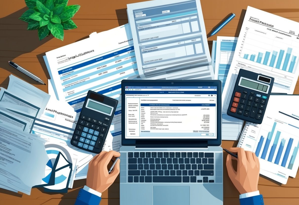 A cluttered desk with legal documents and financial statements spread out, a calculator, and a laptop open to a tax preparation software Define Estate Tax