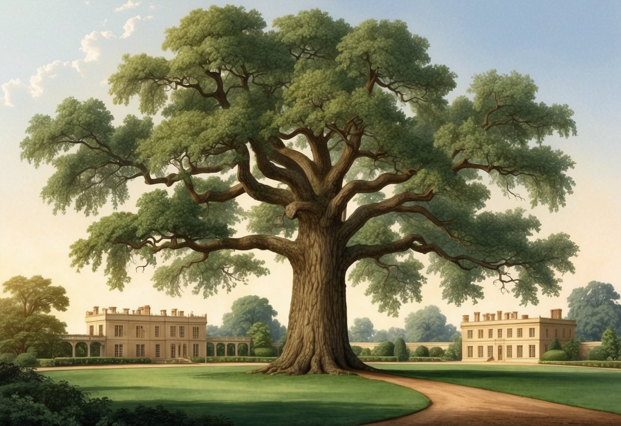 A grand oak tree with a sturdy trunk and sprawling branches, surrounded by a lush garden and a stately manor