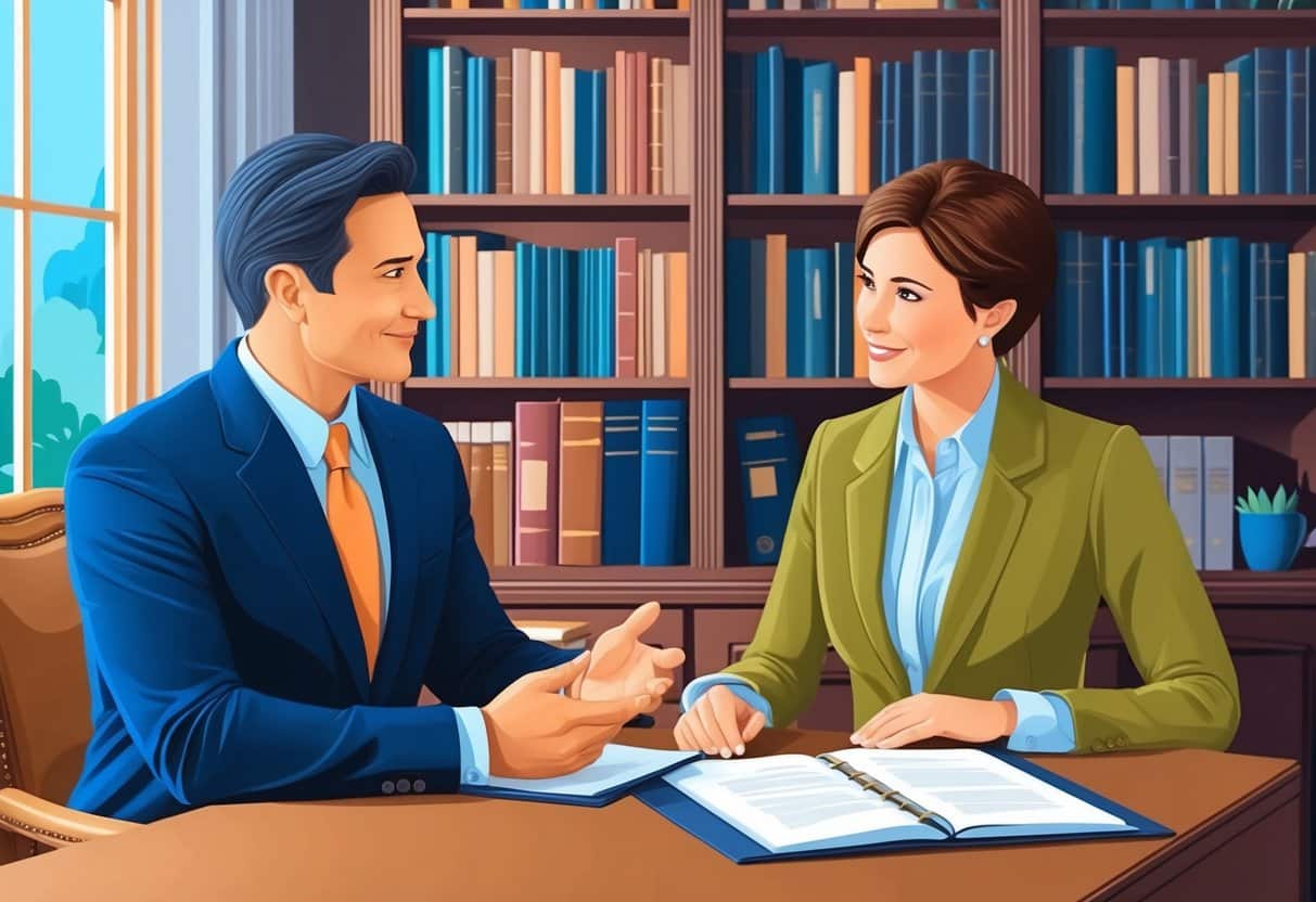A lawyer sits at a desk, explaining the difference between a will and a trust to a client in a cozy, book-lined office