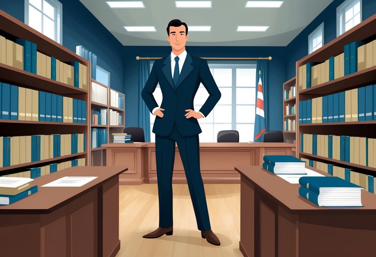 A lawyer stands confidently in a courtroom, surrounded by shelves of legal documents and law books. The room is filled with a sense of authority and professionalism