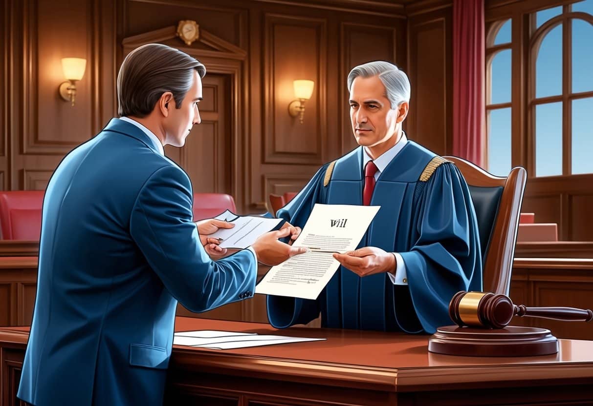 A lawyer presenting a will to a judge in a courtroom