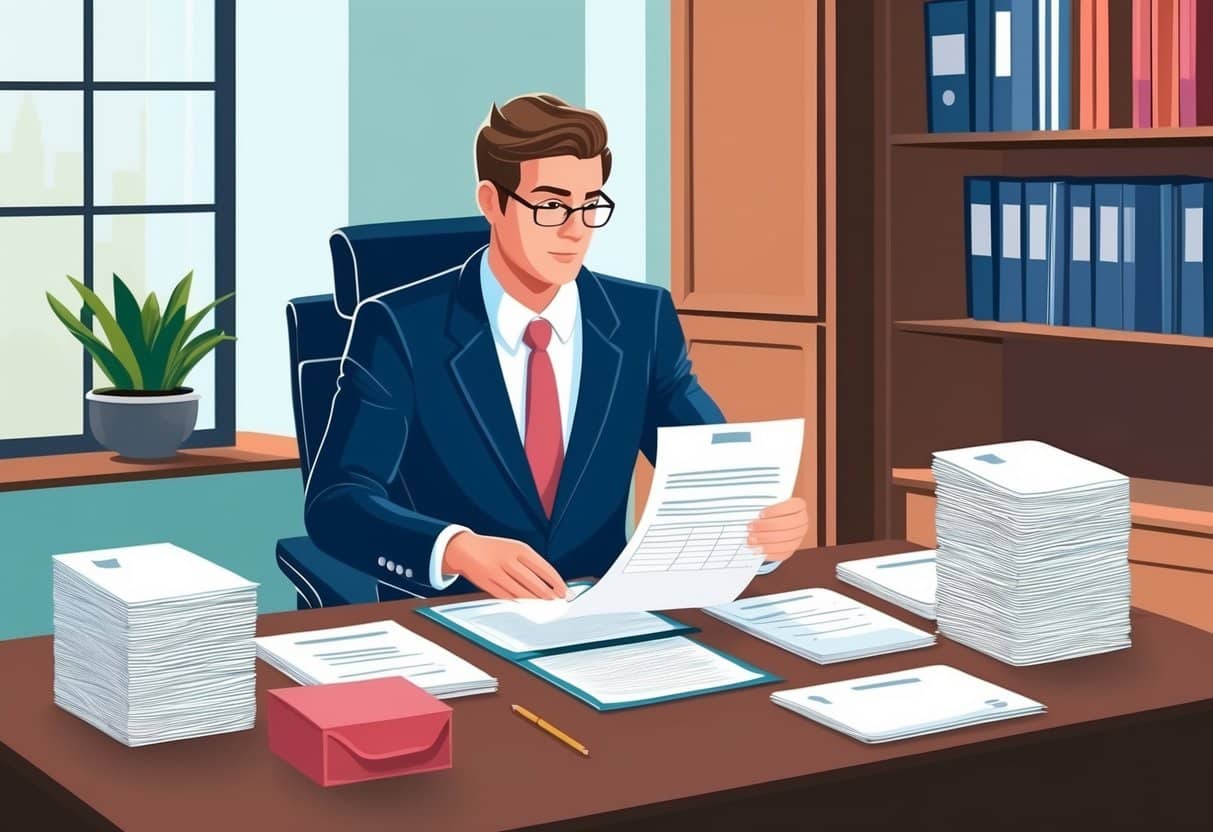 A lawyer organizing paperwork for probate of will