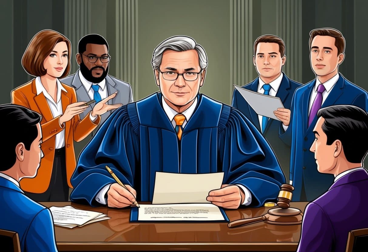 A judge presides over a formal probate hearing, with lawyers presenting evidence and witnesses testifying. The judge reviews the will and issues a ruling