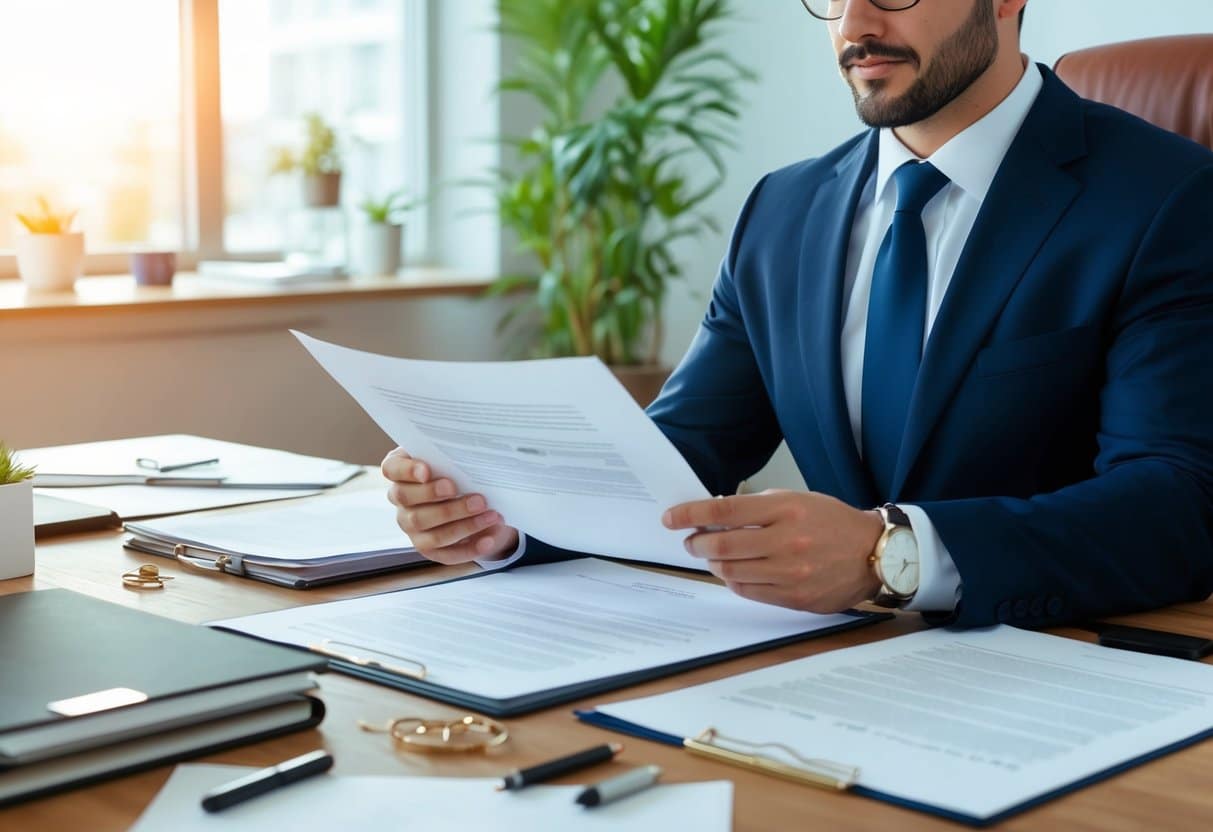 A real estate transaction lawyer reviewing legal documents at a cluttered desk in a sunlit office