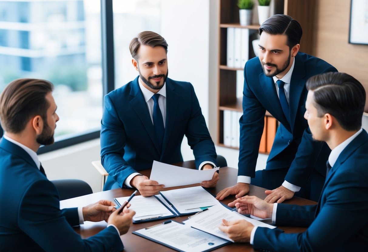 A real estate transaction lawyer meeting with clients in an office, reviewing documents and discussing terms