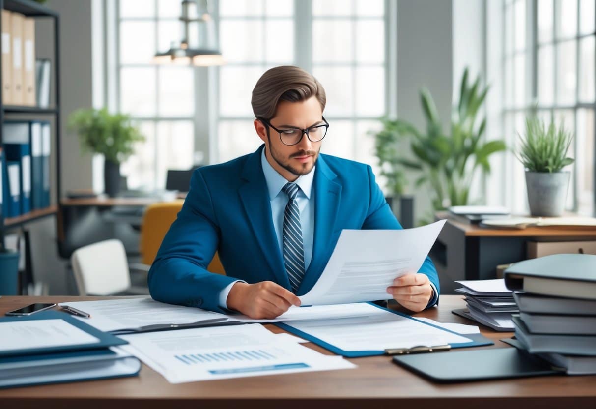 A real estate transaction lawyer reviewing legal documents at a cluttered desk in a busy office