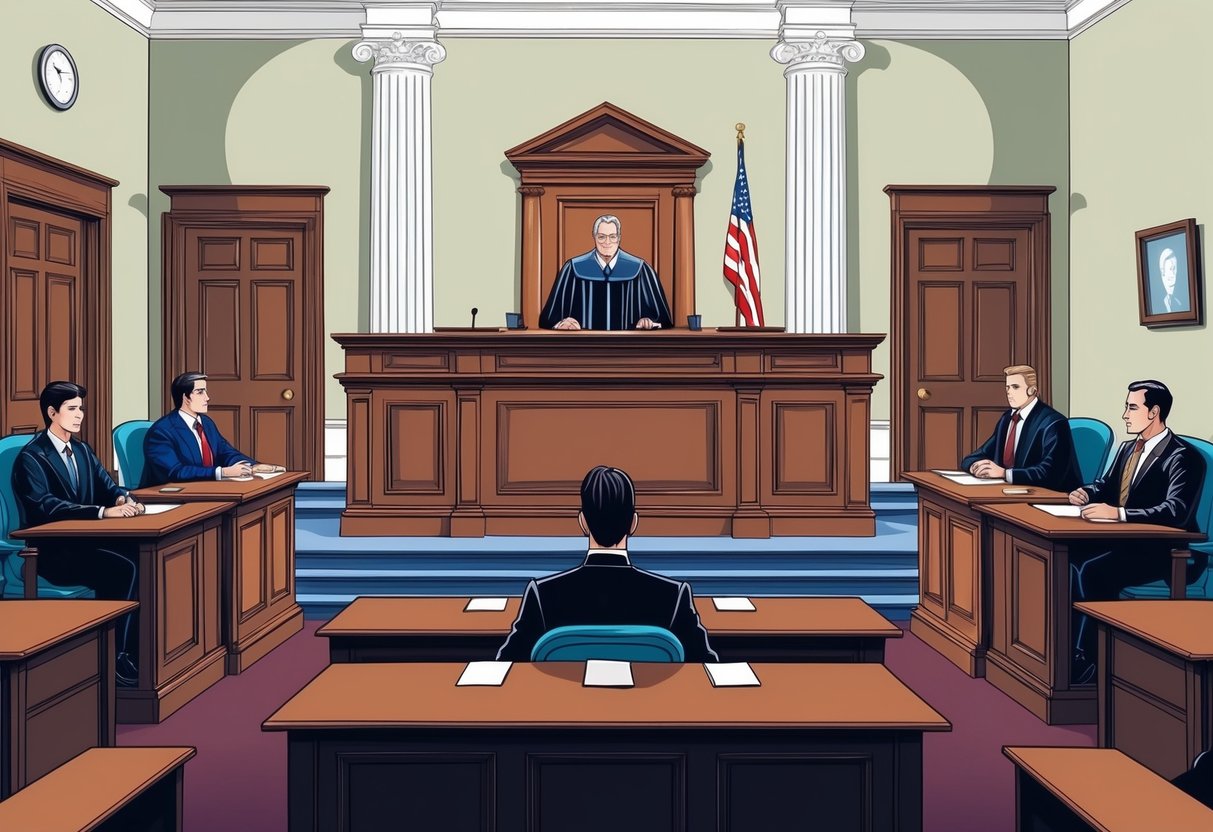 A courtroom with a judge's bench, witness stand, and jury box, with lawyers and defendants seated at tables The Criminal Court System