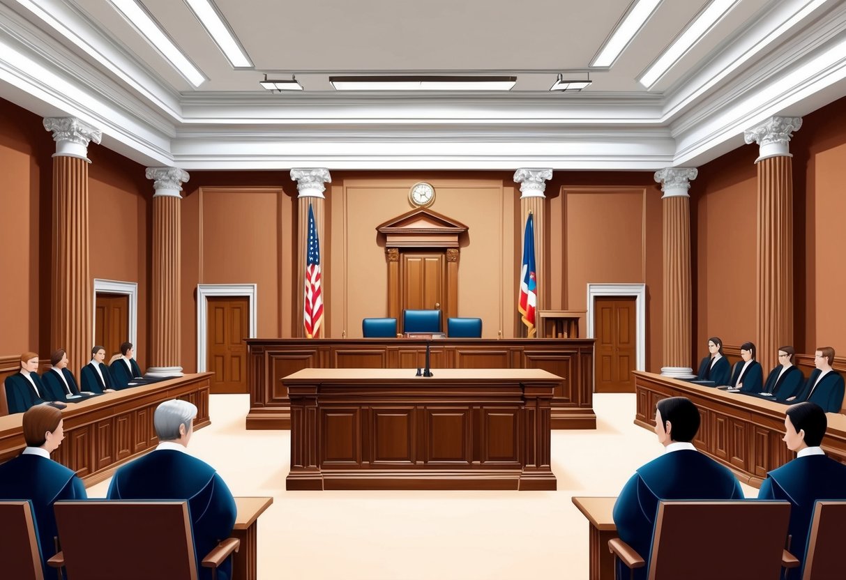 A courtroom with a judge's bench, witness stand, jury box, and seating for lawyers and spectators