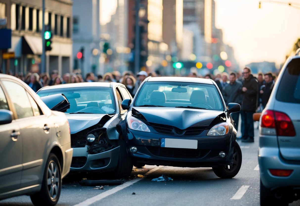 A car accident on a busy street, with one car rear-ending another, causing visible damage and a crowd of onlookers Cause in Fact Negligence