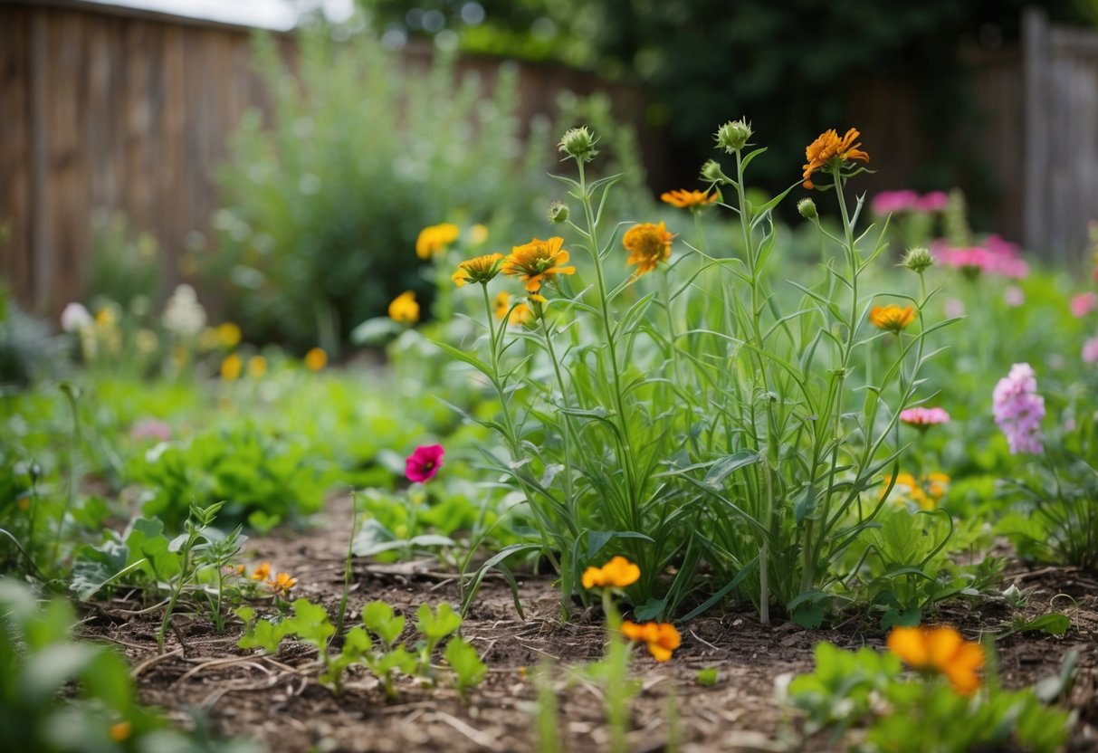 A neglected garden with overgrown weeds and wilting flowers