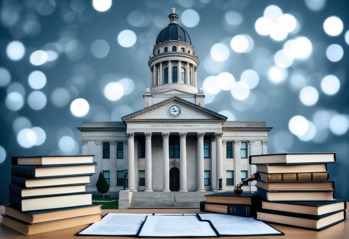 A courthouse with a clock tower, surrounded by law books and legal documents, symbolizing the passing of time for civil federal statute of limitations Federal Statute of Limitations Civil