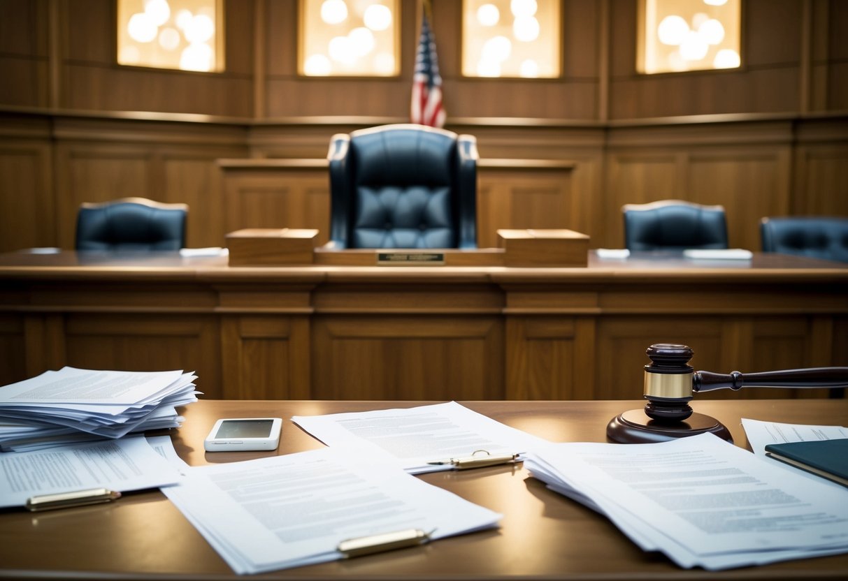 A courtroom with a judge's bench, witness stand, and legal documents scattered on tables Federal Statute of Limitations Civil