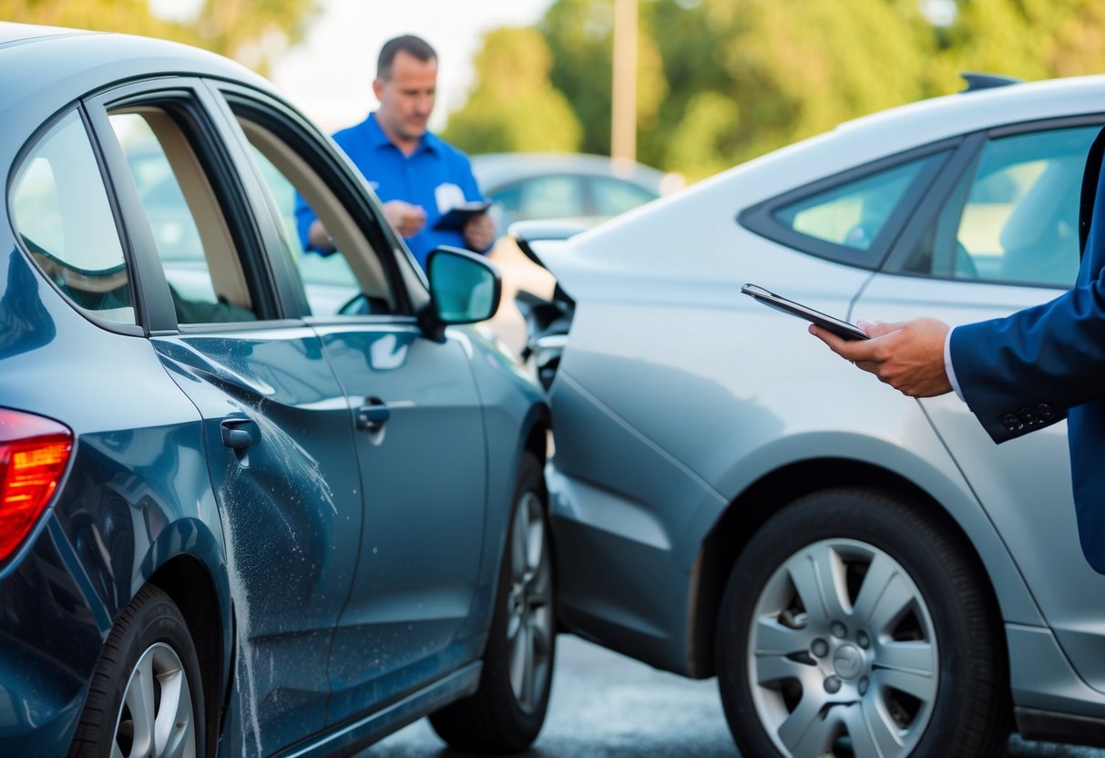 A car with a dented bumper and a scratch on the side, while another car shows minimal damage. Both drivers exchanging insurance information Fender Bender Insurance
