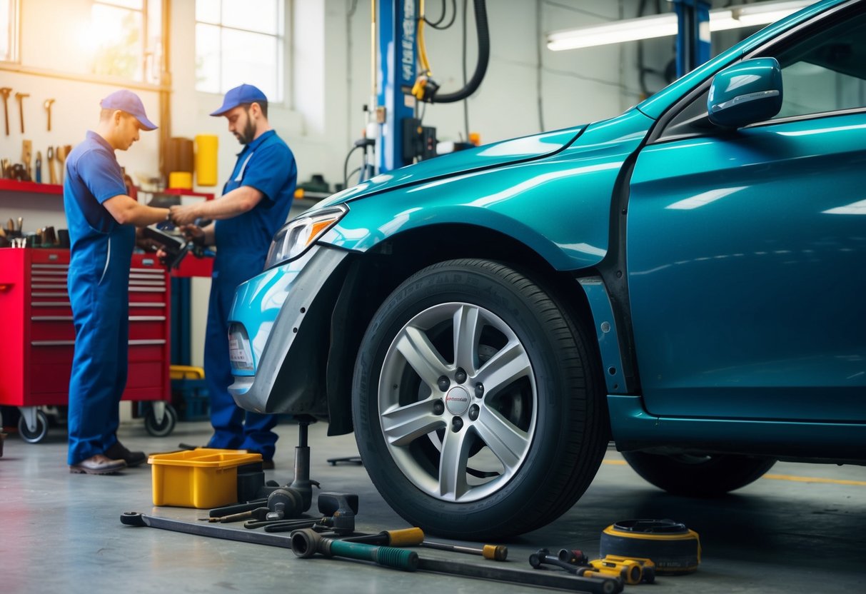 A car with a dented fender parked at an auto repair shop, surrounded by tools and mechanics working on it