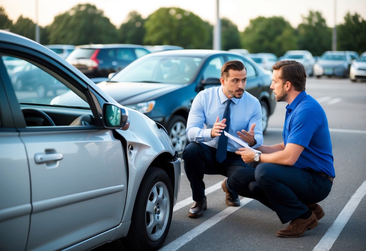 A car with a dented fender sits in a parking lot, while an insurance agent discusses premium increases with the frustrated owner