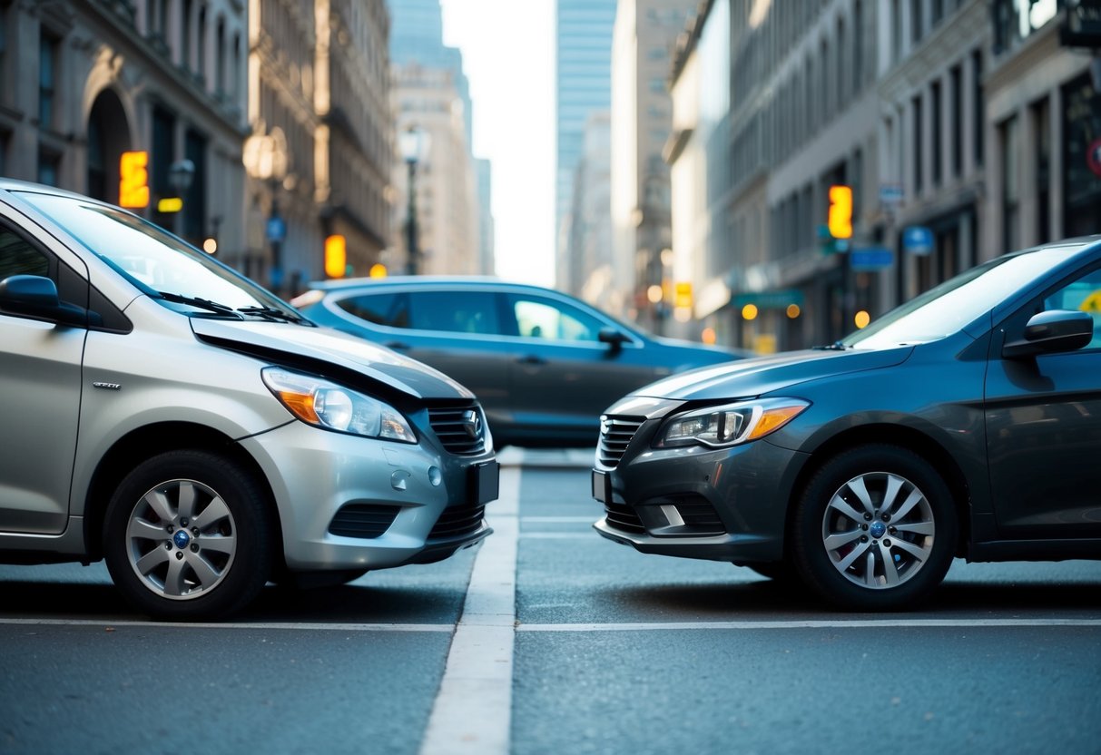 A car with a dented bumper and a second car with no visible damage, both stopped on a city street
