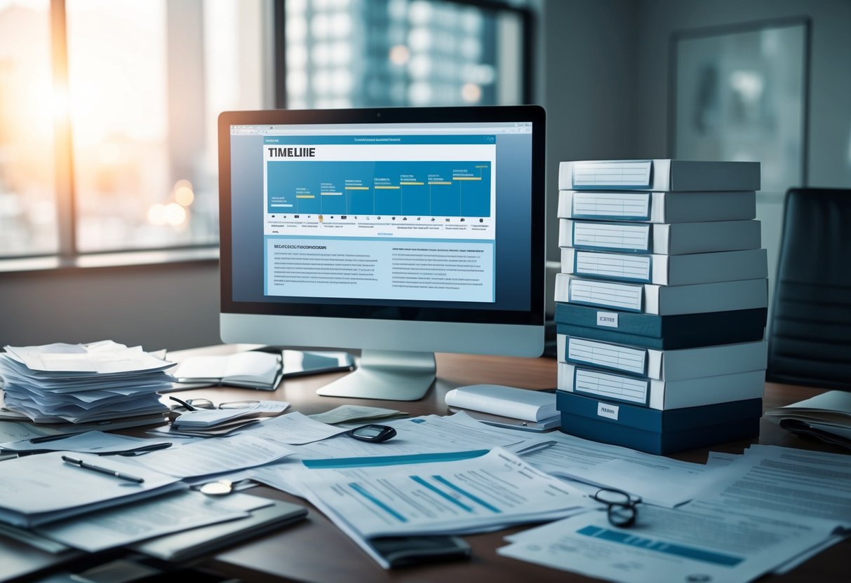 A cluttered desk with scattered legal documents, a computer screen displaying a timeline, and a stack of evidence boxes Lawsuit Discovery Timeline