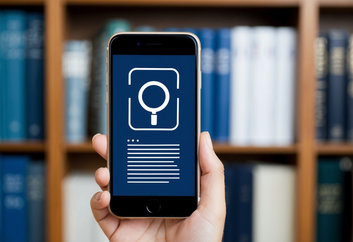 A smartphone displaying a legal research app with a magnifying glass icon and a bookshelf background