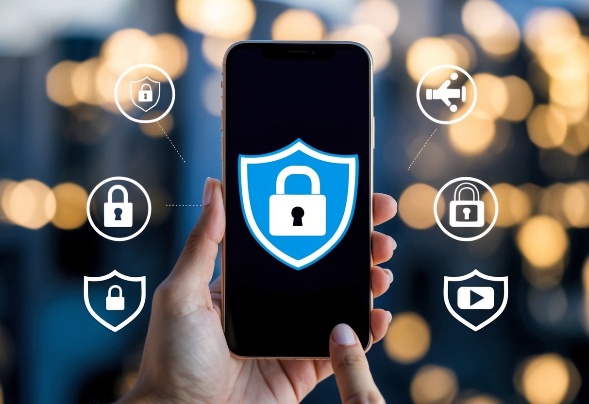 A smartphone with a padlock symbol appears on the screen, surrounded by a shield and lock icons