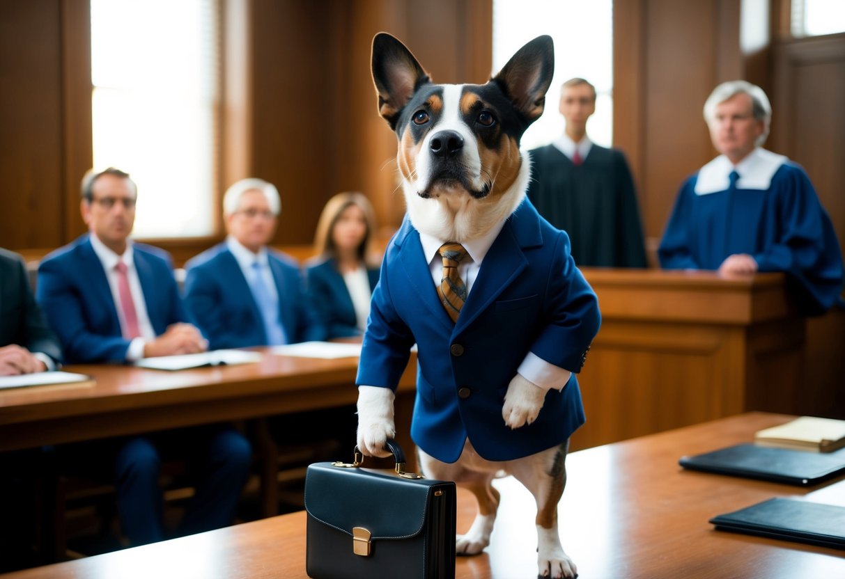 A dog wearing a suit and holding a briefcase, standing confidently in a courtroom with a judge and jury present Lawyer for Dog