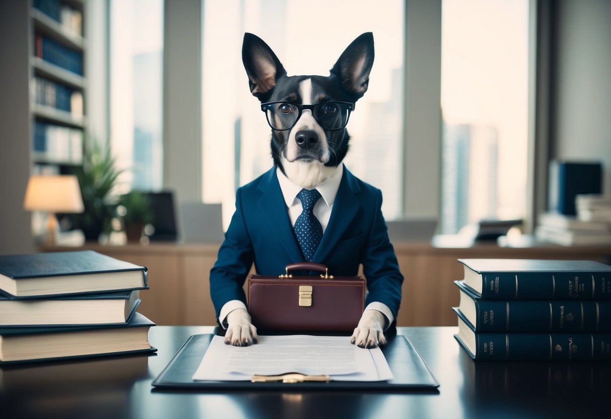A dog in a suit sits behind a desk, holding a briefcase and wearing glasses, surrounded by law books and legal documents Lawyer for Dog