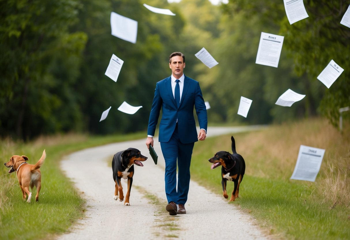 The lawyer follows a winding path, surrounded by barking dogs and legal documents fluttering in the wind Lawyer for Dog