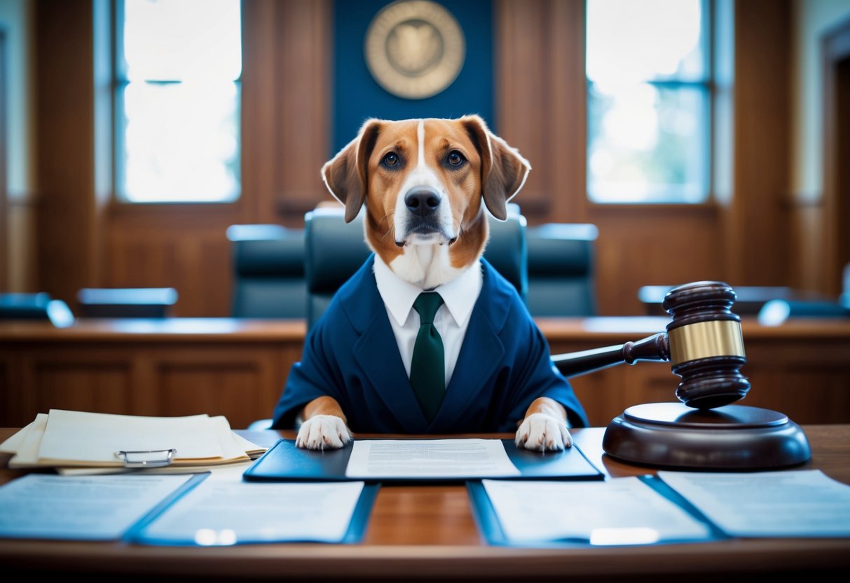 A courtroom with a dog lawyer presenting a case, surrounded by legal documents and a judge's bench Lawyer for Dog