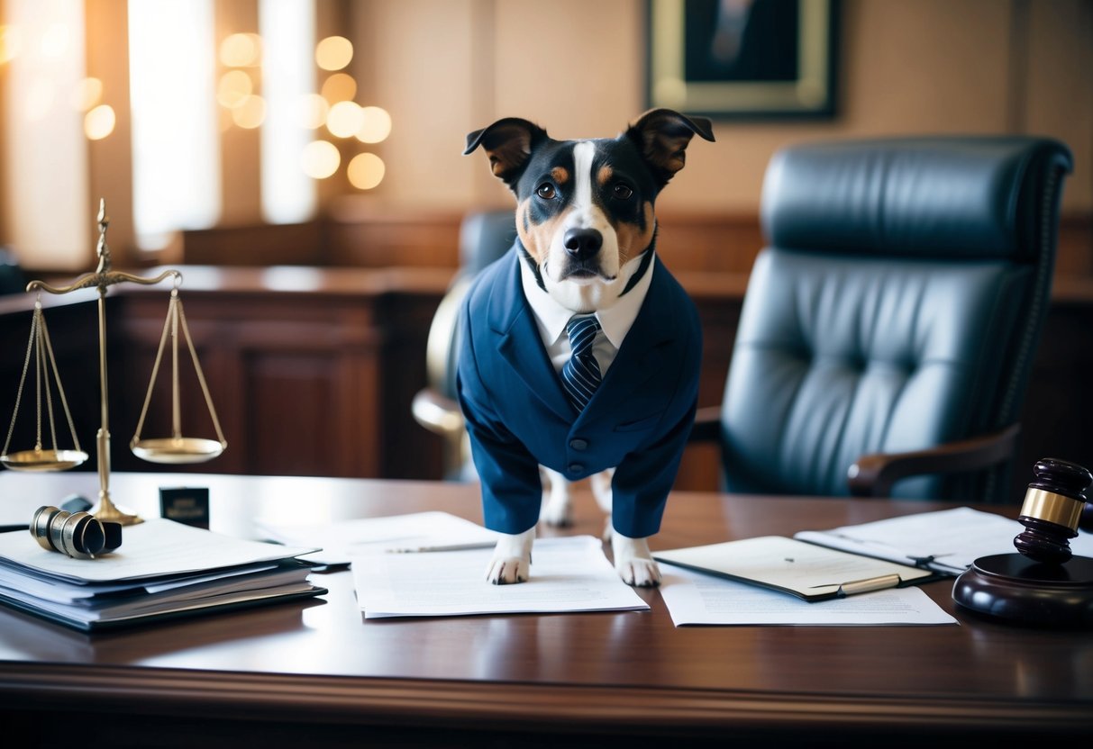 A dog wearing a lawyer's suit, standing confidently in a courtroom, surrounded by legal documents and a judge's bench Lawyer for Dog