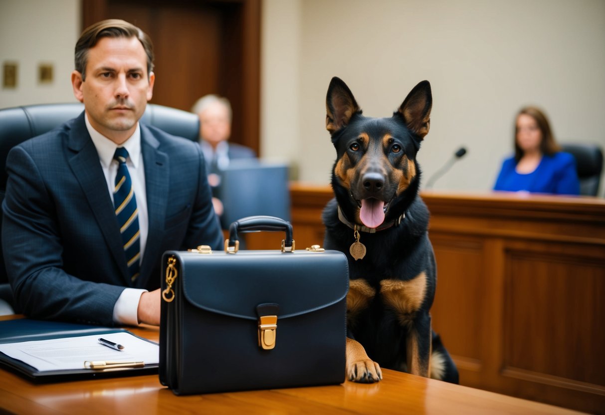 A police dog sits beside a lawyer's briefcase in a courtroom Lawyer for Dog