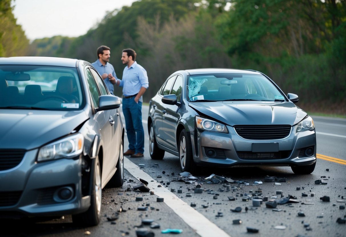 Two cars with dented bumpers, debris scattered on the road, and concerned drivers talking to each other