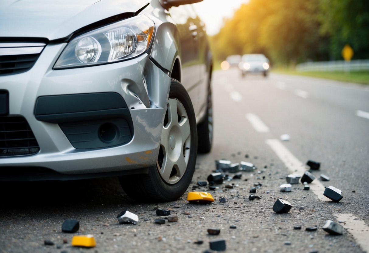 A dented car bumper and scattered debris on the road after a minor car accident