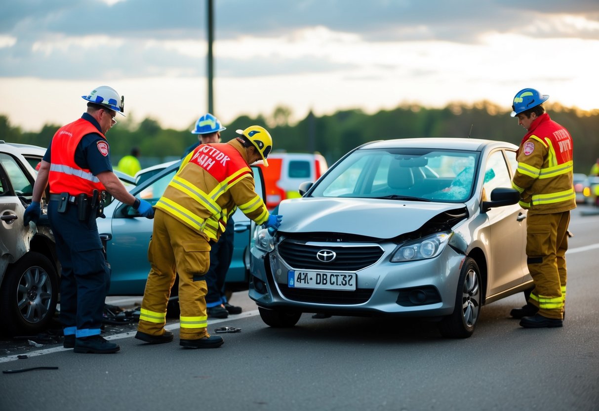 Emergency responders attending to a damaged car at the scene of a minor accident. Medical personnel providing assistance to those involved