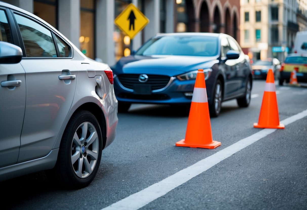 Two cars on a city street, one with a dented bumper. Traffic cones and a warning sign in the background