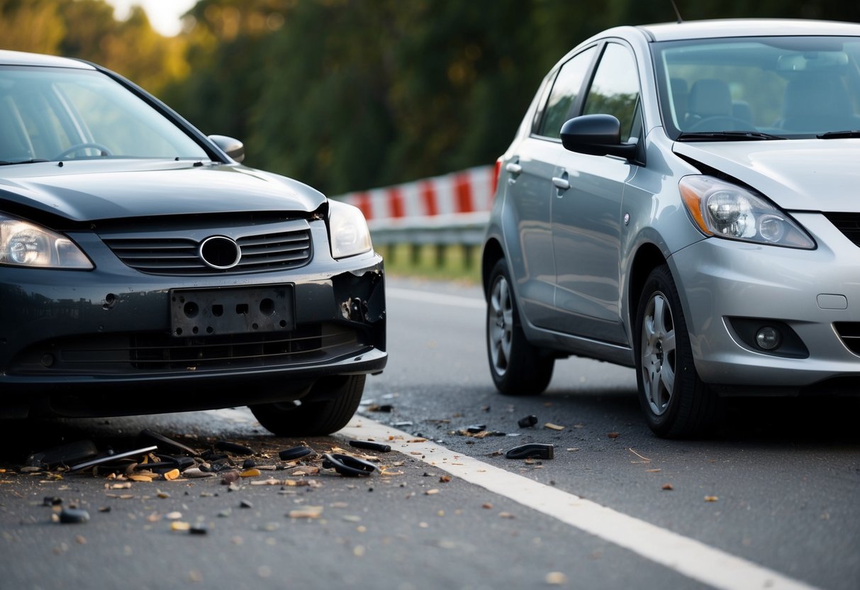Two cars stopped on the road, with minor damage to their front bumpers. Debris scattered on the ground