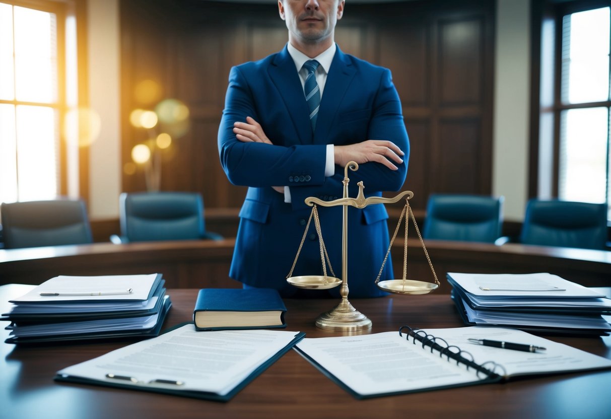 A lawyer standing confidently in a courtroom, surrounded by legal documents and a scale of justice, ready to defend personal injury cases