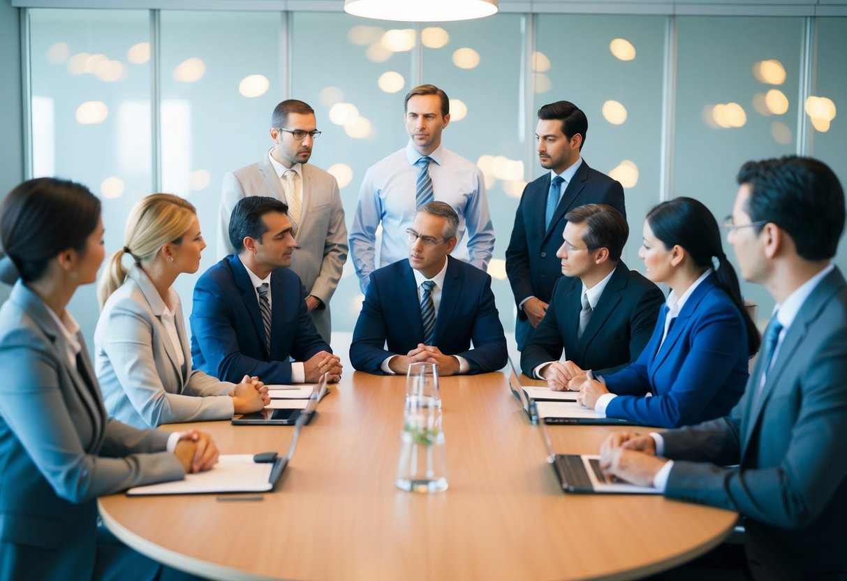 A group of lawyers and insurance company representatives discuss spinal injury cases in a conference room