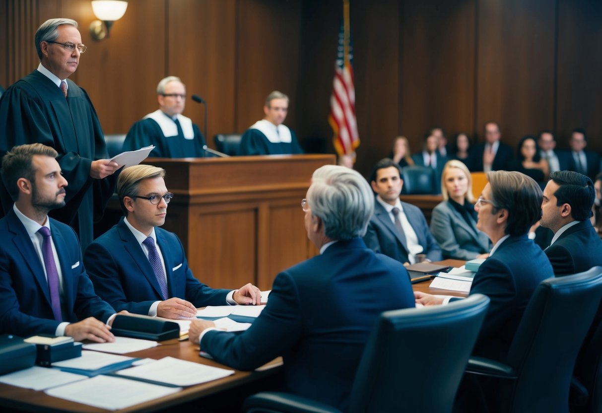 A courtroom scene with a judge presiding over a trial, lawyers presenting evidence, and a jury listening attentively