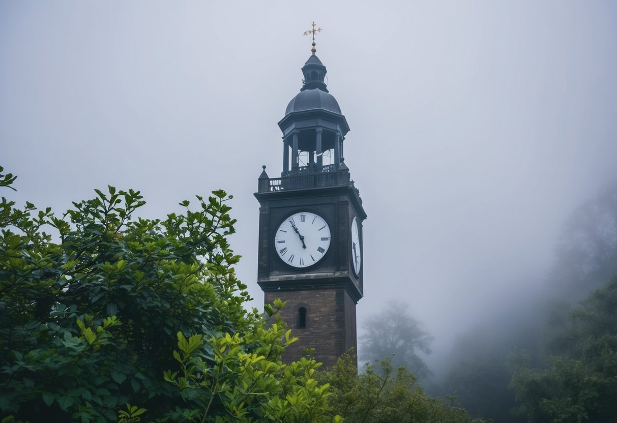 A clock tower surrounded by mist, with a broken hour hand and overgrown foliage
